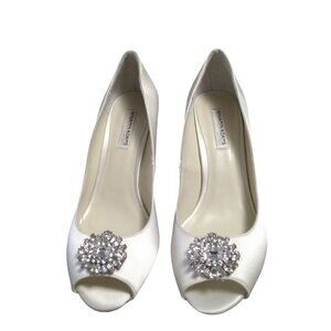 Benjamin Adams Helen Ivory Silk Satin Wedge Open Toe Swarovski Crystal Size 8
